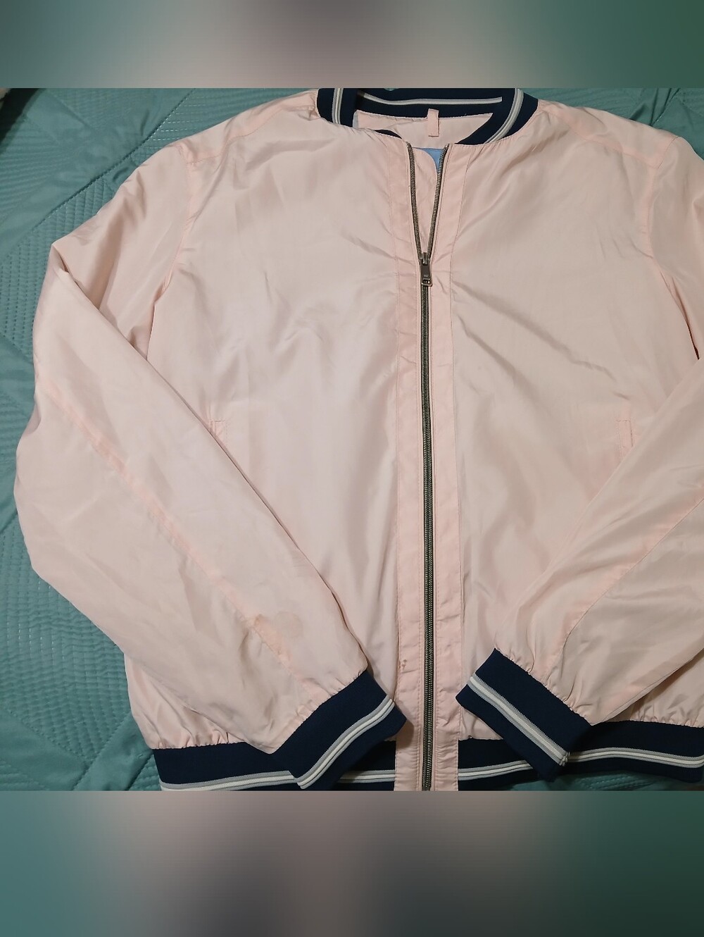 Light Pink Bomber Jacket with Navy White Trim Lightweight ZARA MAN L